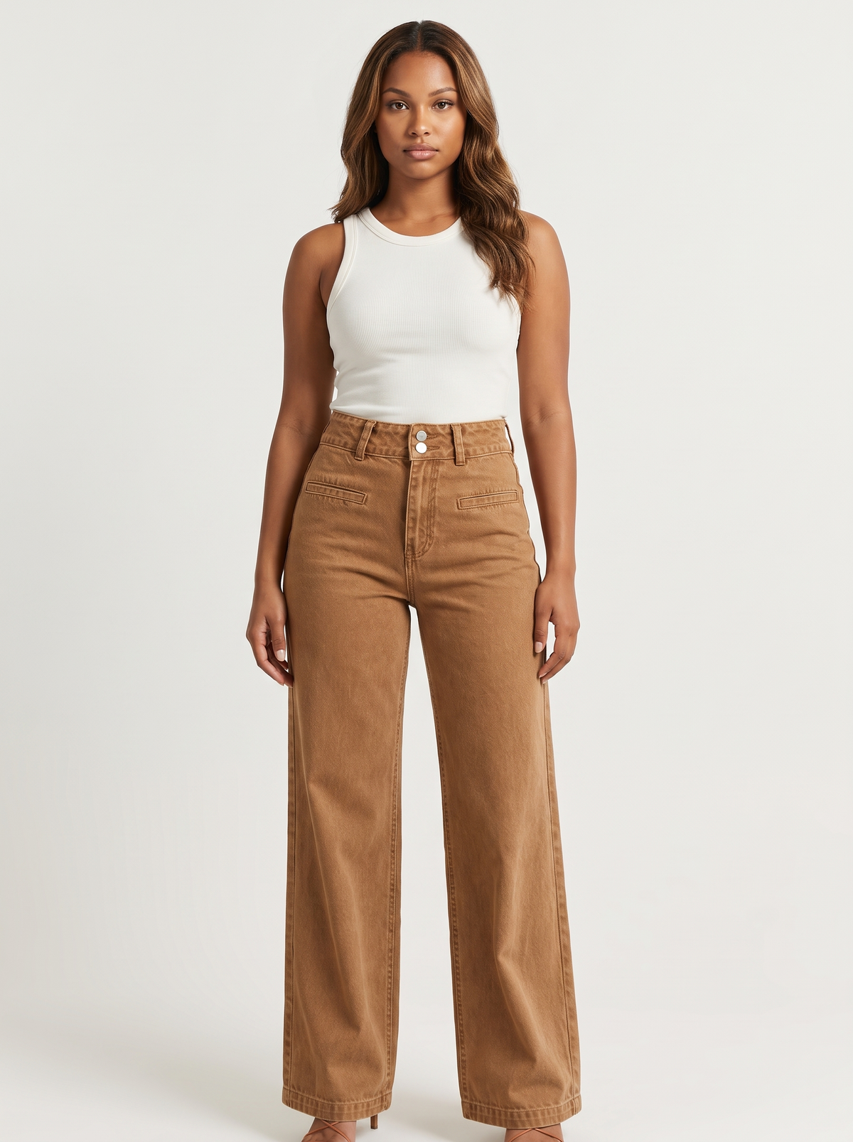 Dames High-Waist Jeans met Wijde Pijpen en Dubbele Knoopsluiting