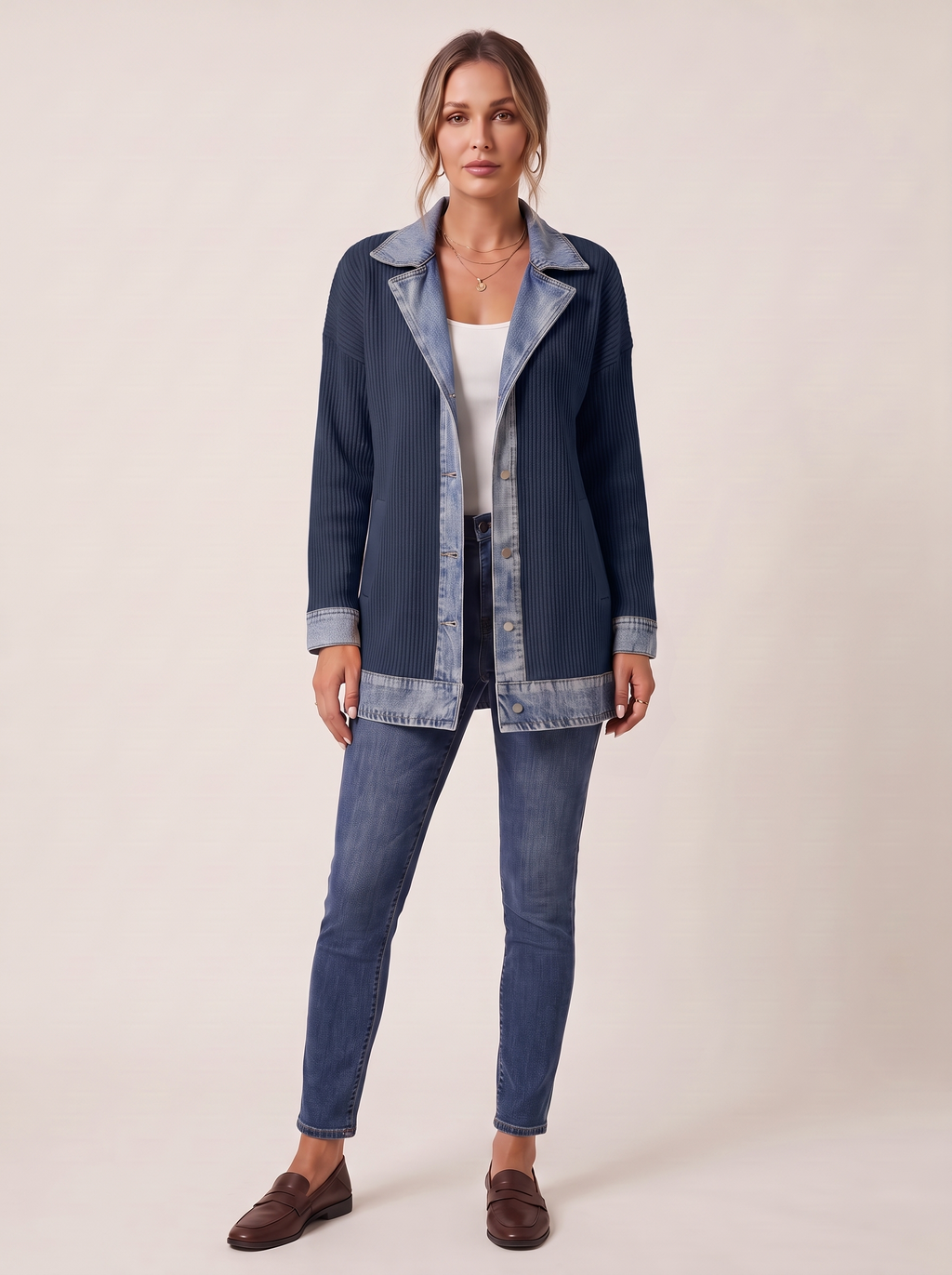 Dames Ribgebreide Blazer met Denim Details