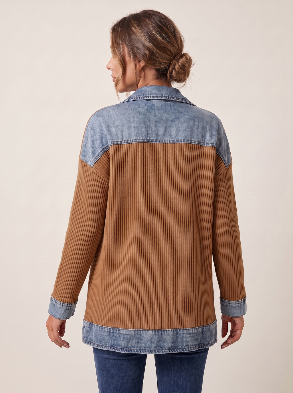 Dames Ribgebreide Blazer met Denim Details