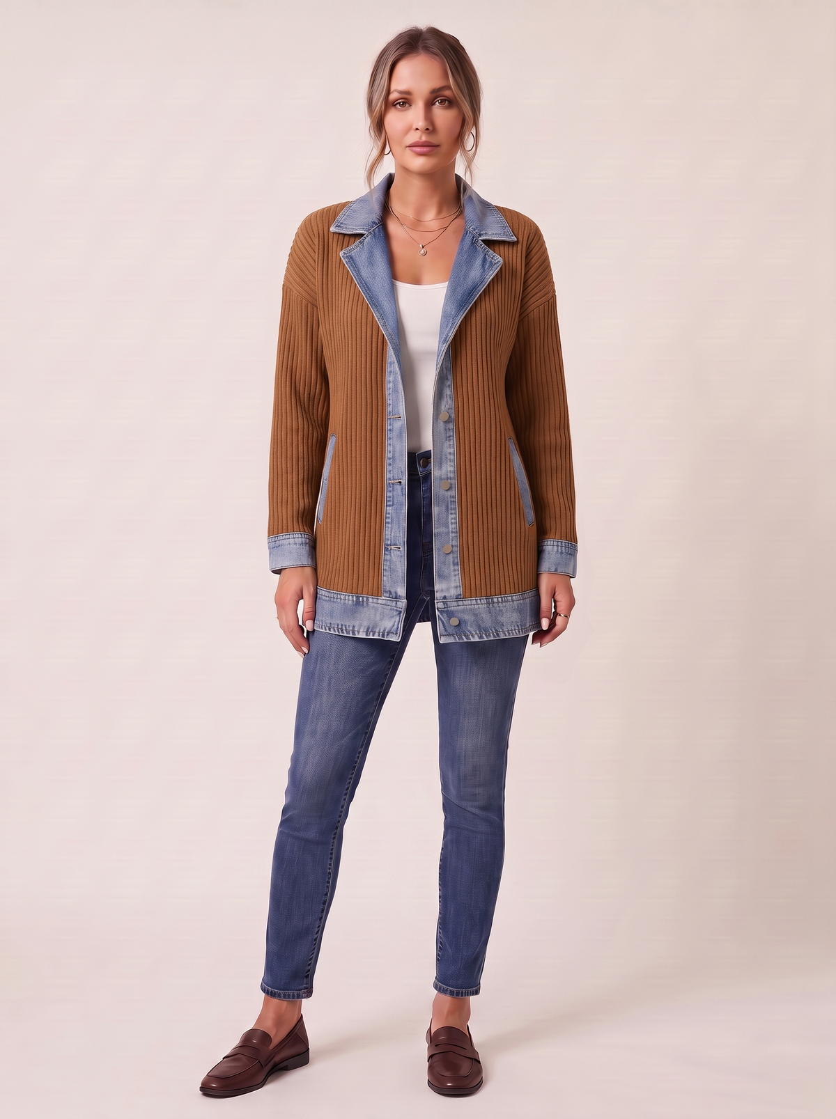 Dames Ribgebreide Blazer met Denim Details