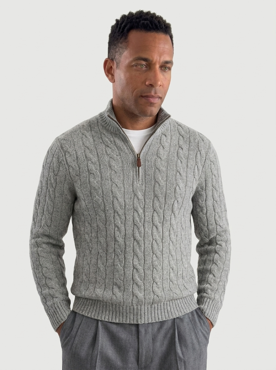 Kabelgebreide Half-Zip Trui Heren Hoge Kraag