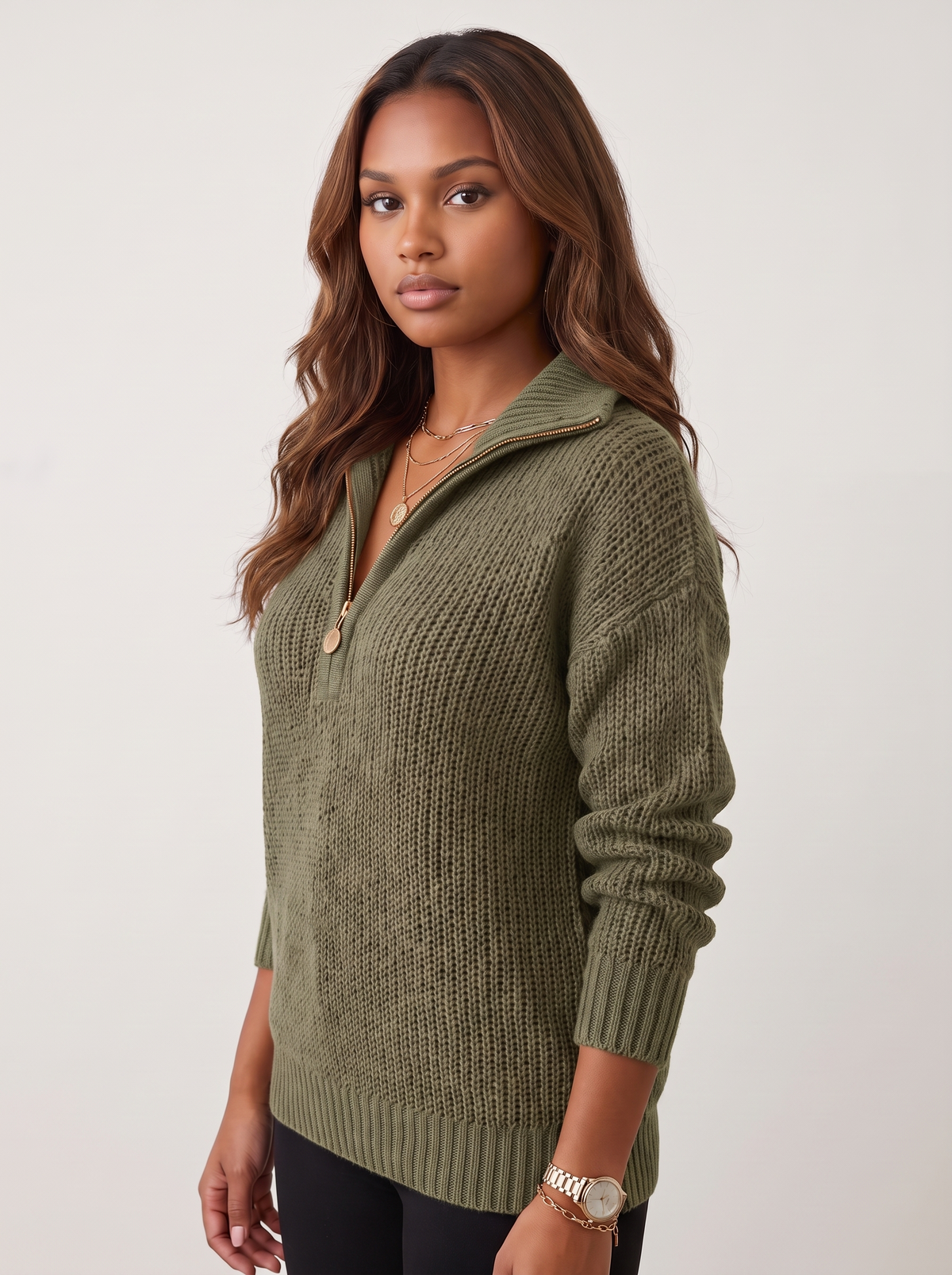 Dames Gebreide Half-Zip Trui met Hoge Kraag