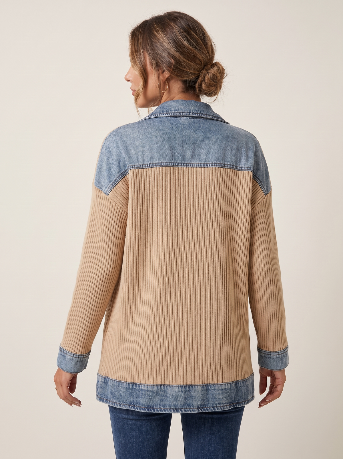 Dames Ribgebreide Blazer met Denim Details