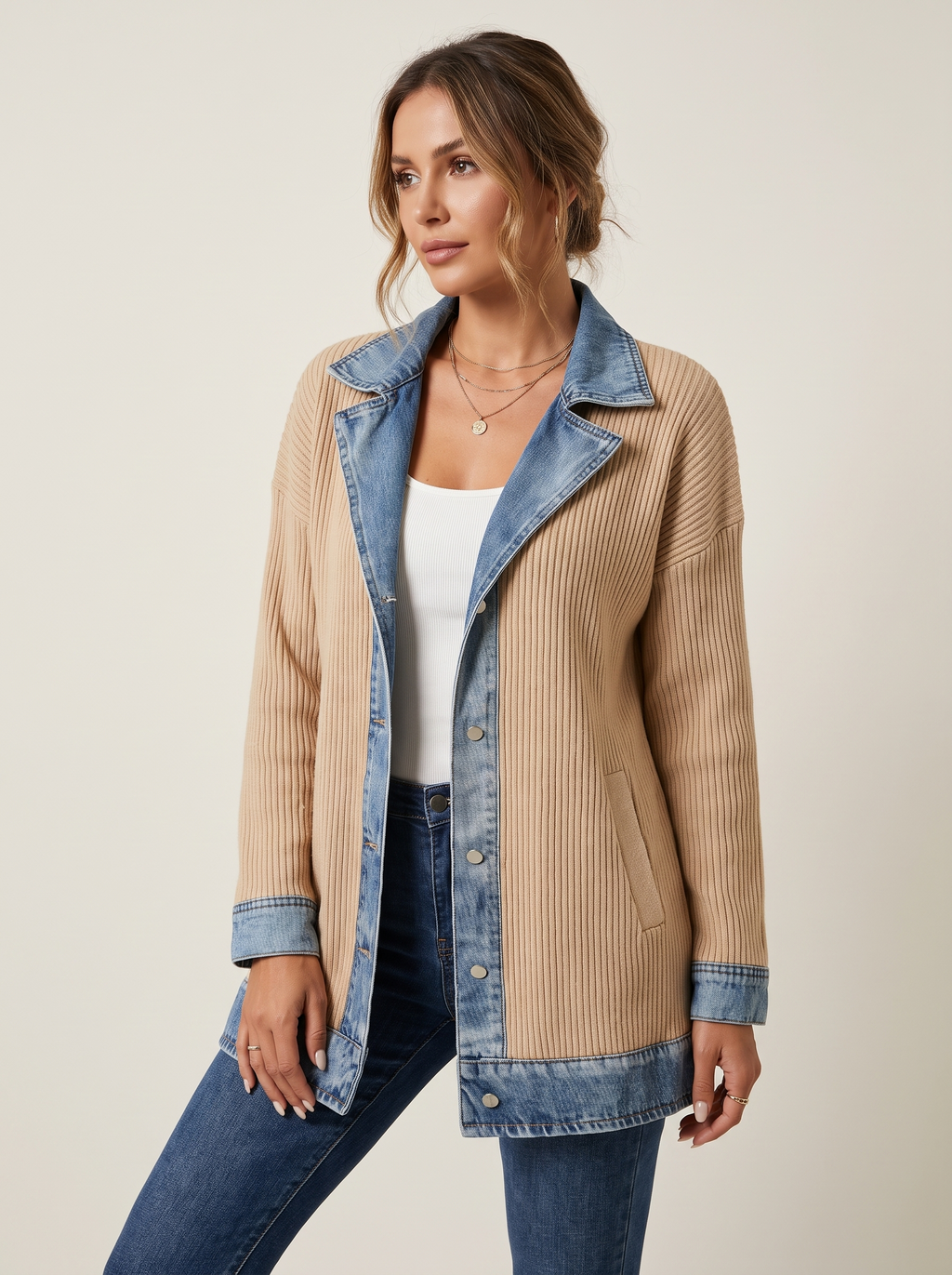 Dames Ribgebreide Blazer met Denim Details