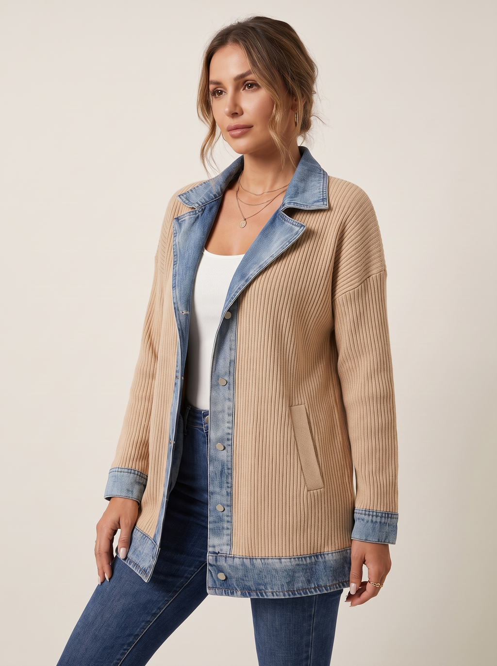 Dames Ribgebreide Blazer met Denim Details