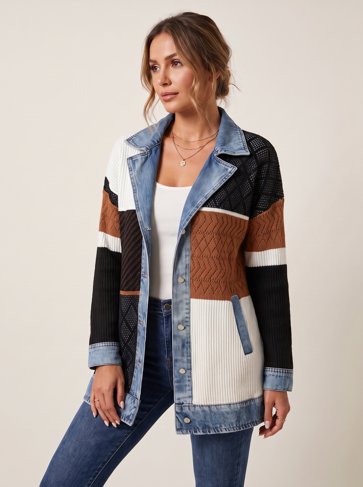 Dames Ribgebreide Blazer met Denim Details