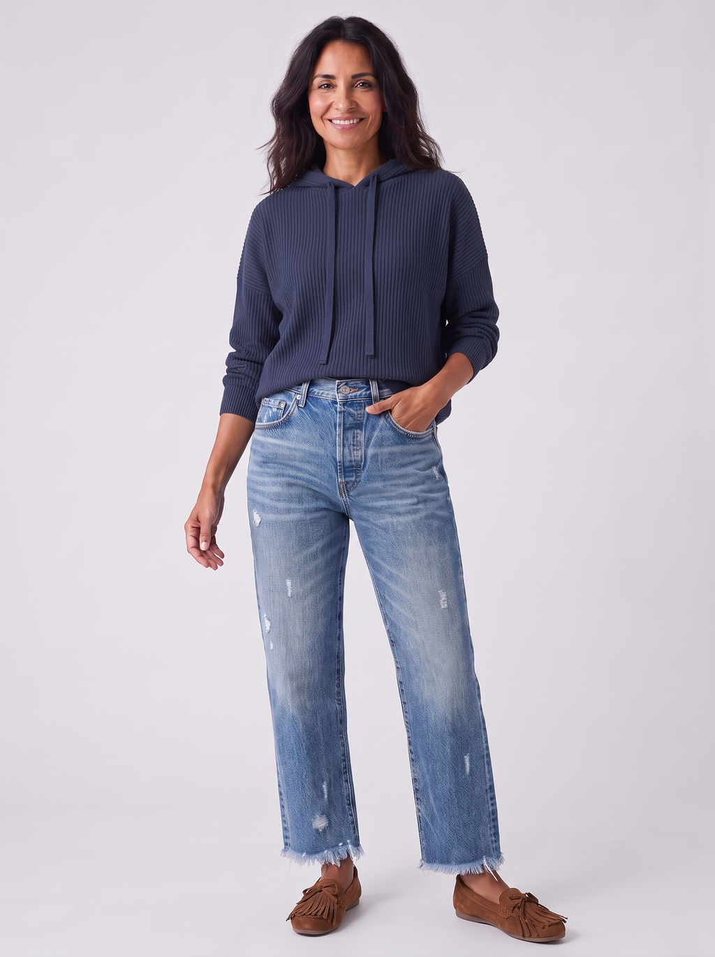 Dames Straight Leg Jeans met Rafeldetail