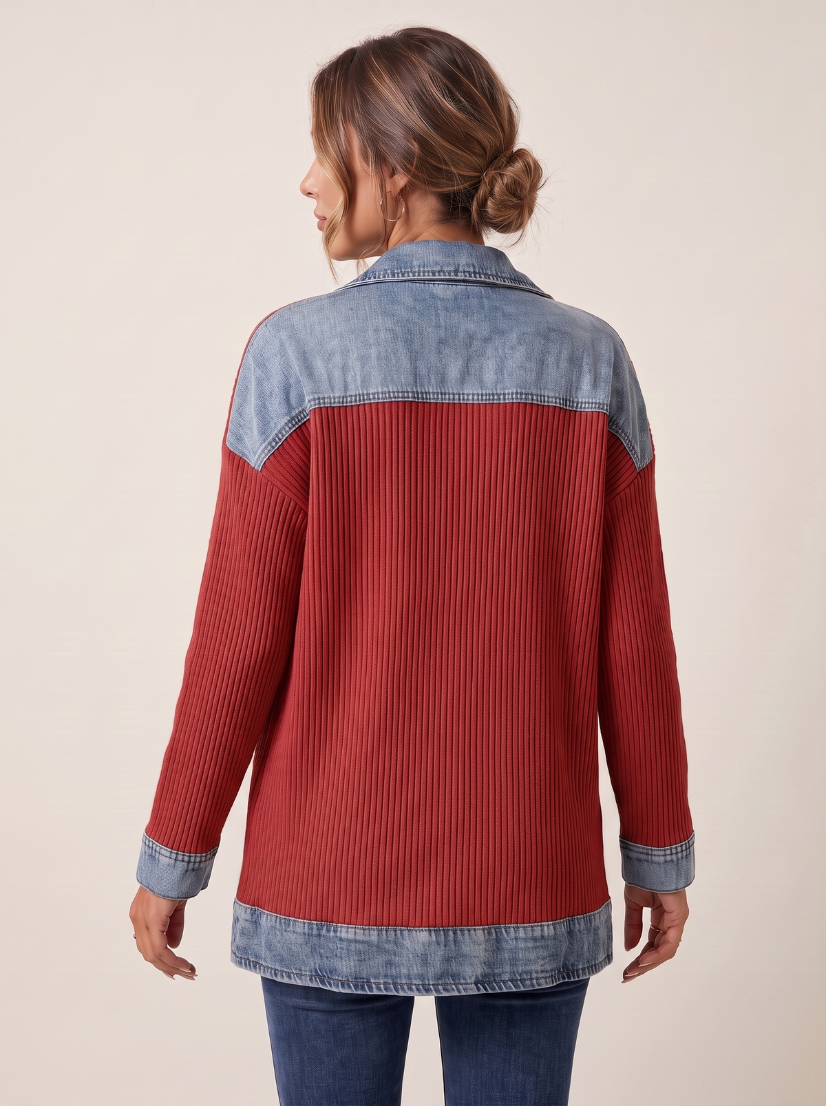 Dames Ribgebreide Blazer met Denim Details