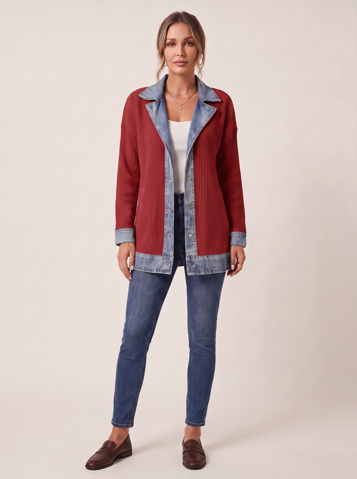 Dames Ribgebreide Blazer met Denim Details