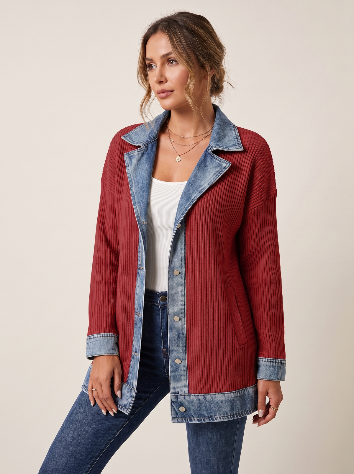 Dames Ribgebreide Blazer met Denim Details