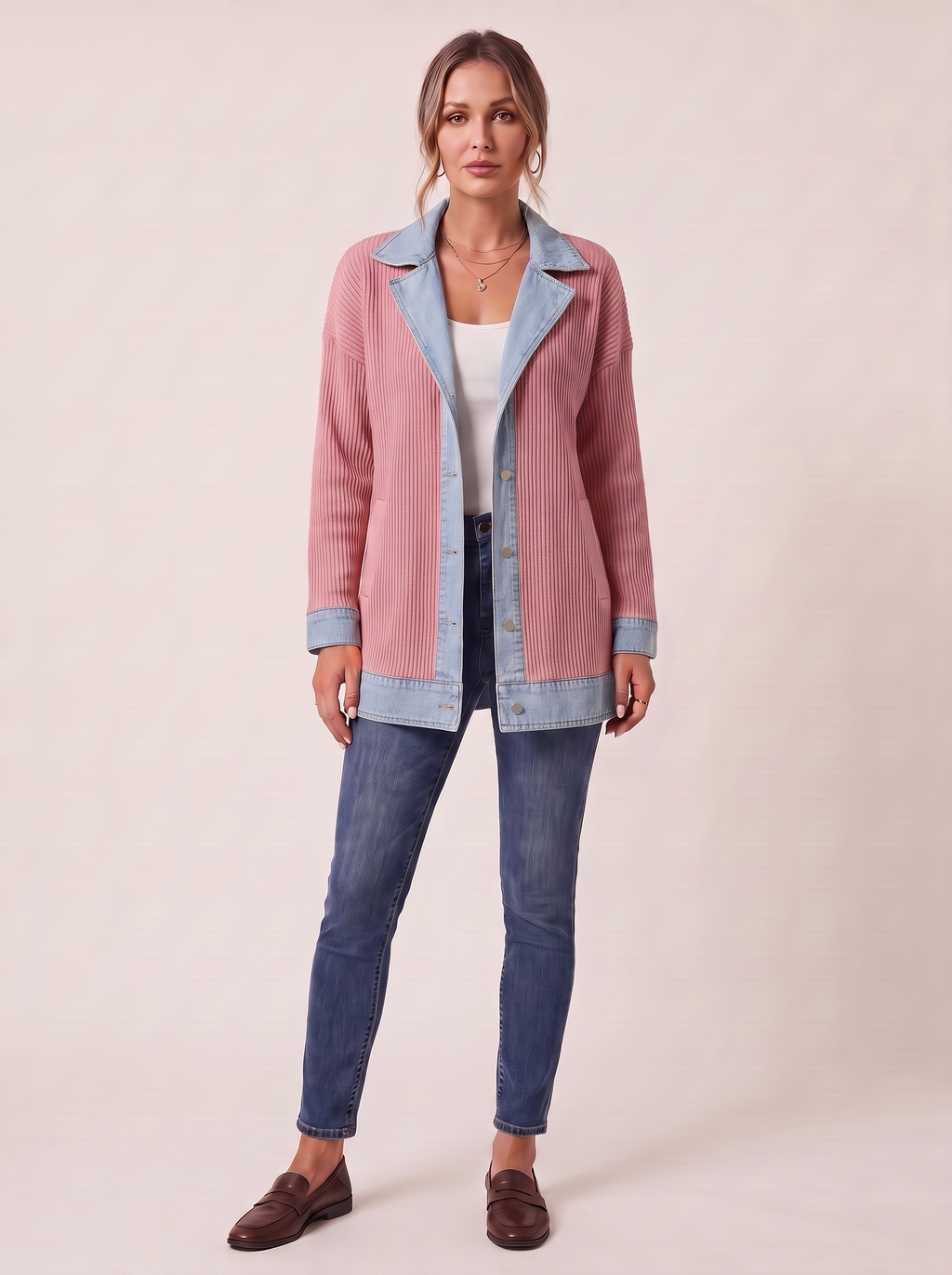 Dames Ribgebreide Blazer met Denim Details