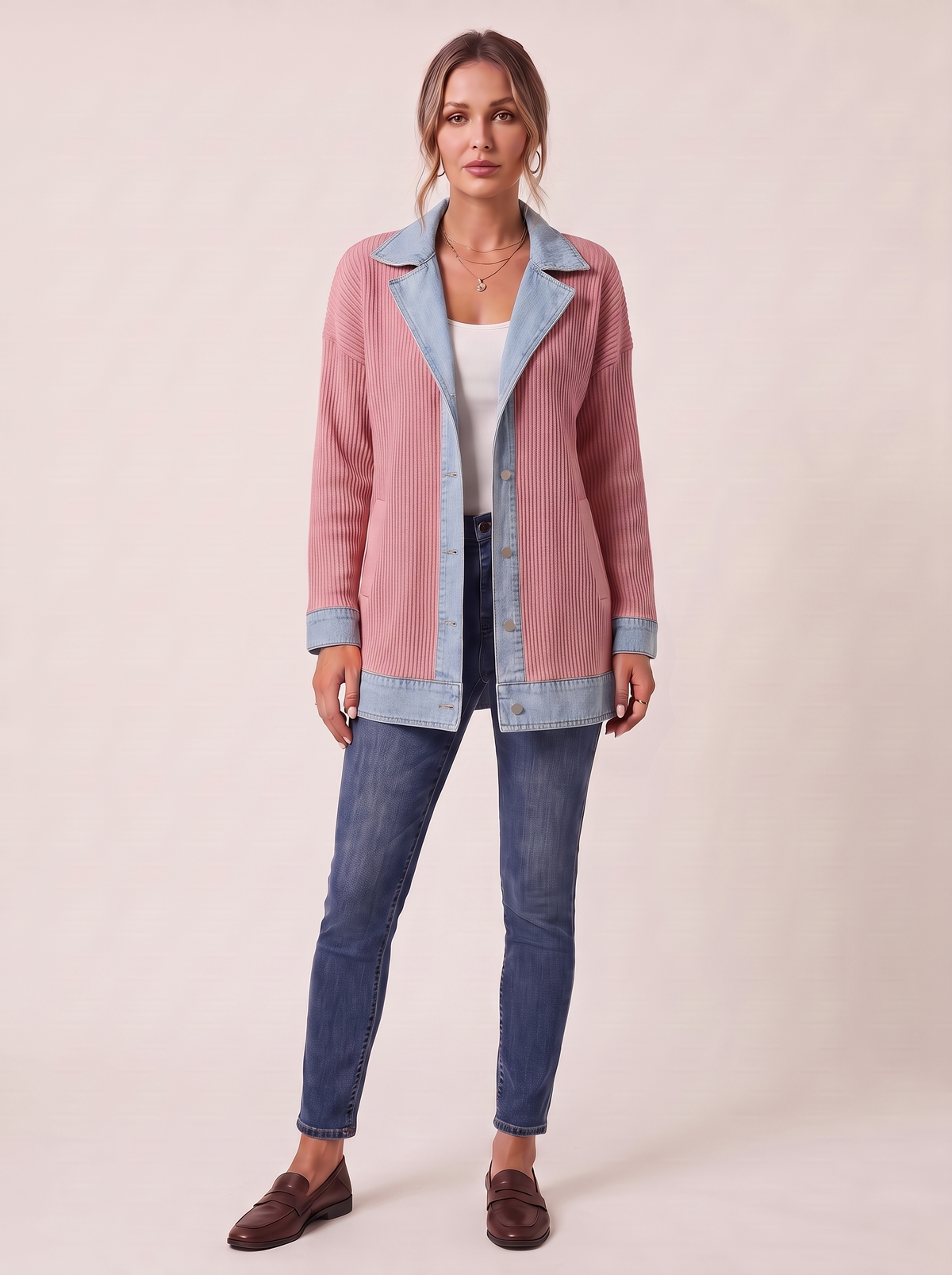 Dames Ribgebreide Blazer met Denim Details