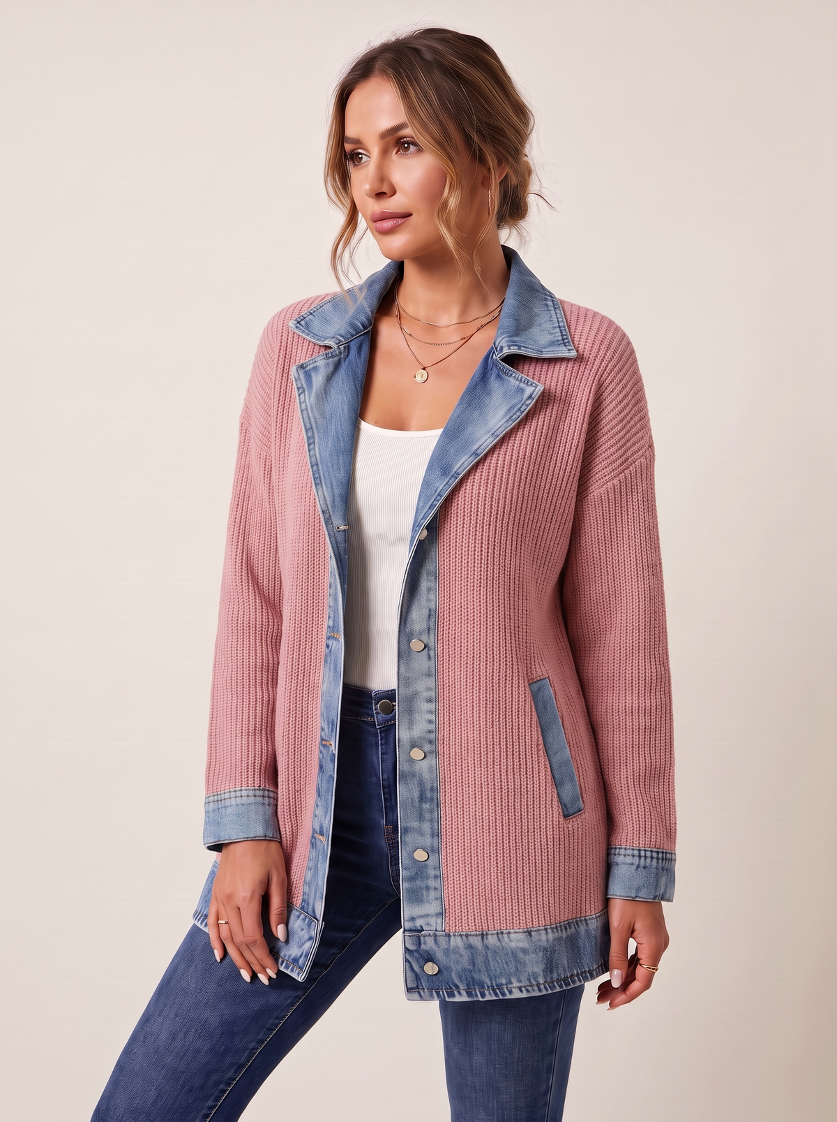Dames Ribgebreide Blazer met Denim Details