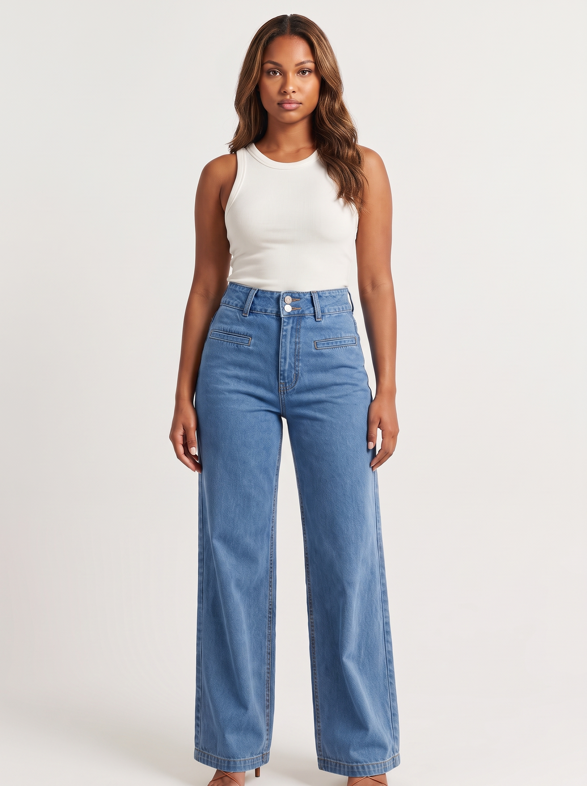 Dames High-Waist Jeans met Wijde Pijpen en Dubbele Knoopsluiting