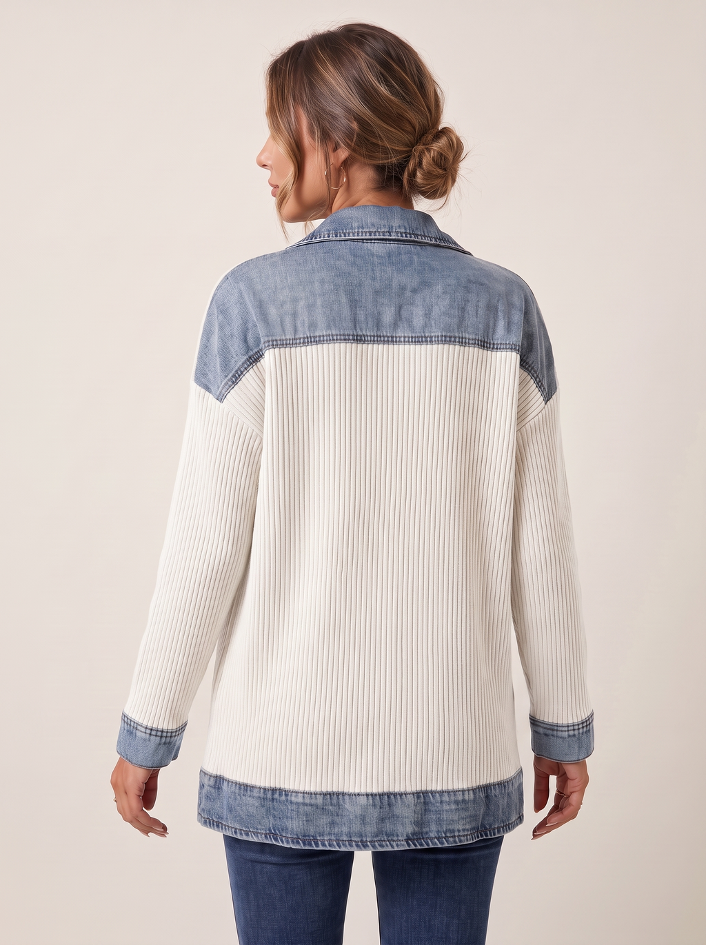 Dames Ribgebreide Blazer met Denim Details
