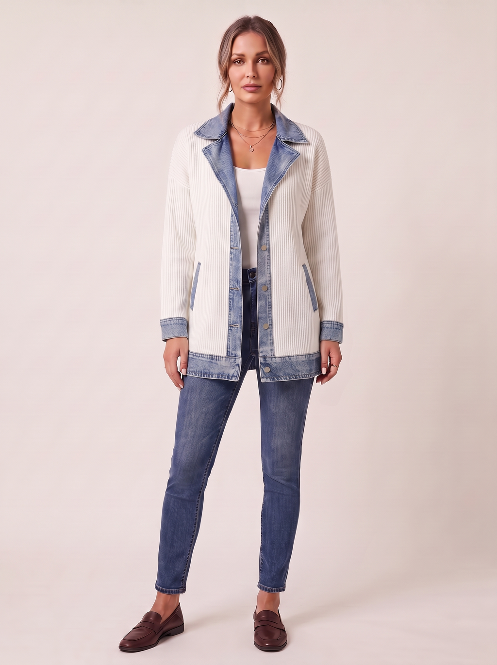 Dames Ribgebreide Blazer met Denim Details