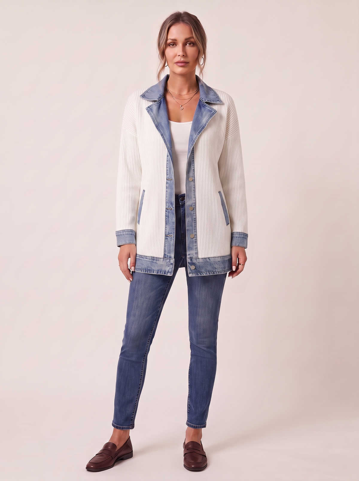 Dames Ribgebreide Blazer met Denim Details