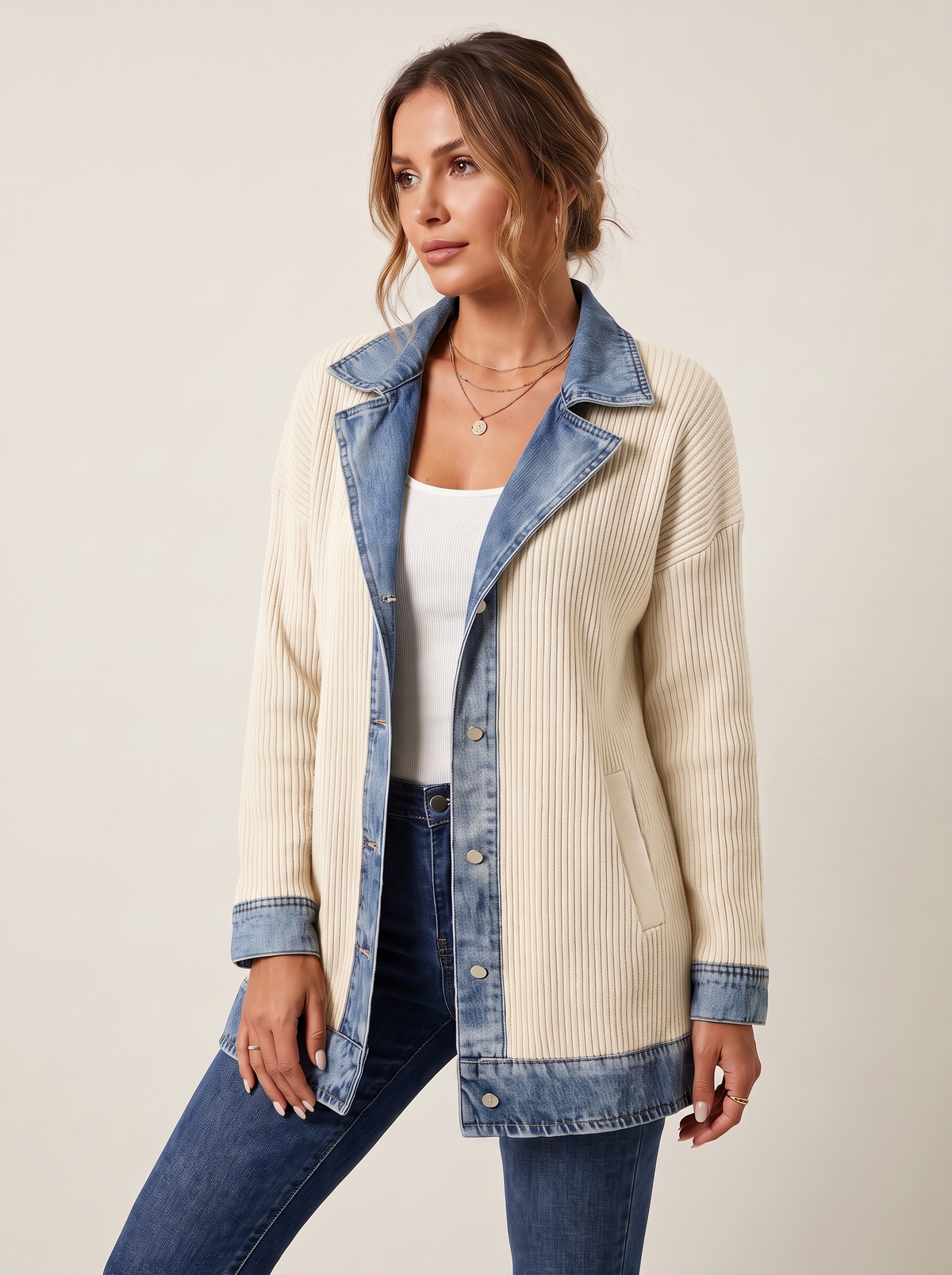 Dames Ribgebreide Blazer met Denim Details