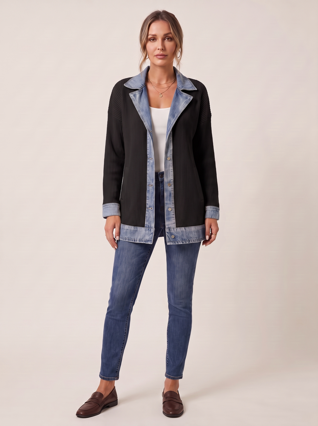 Dames Ribgebreide Blazer met Denim Details